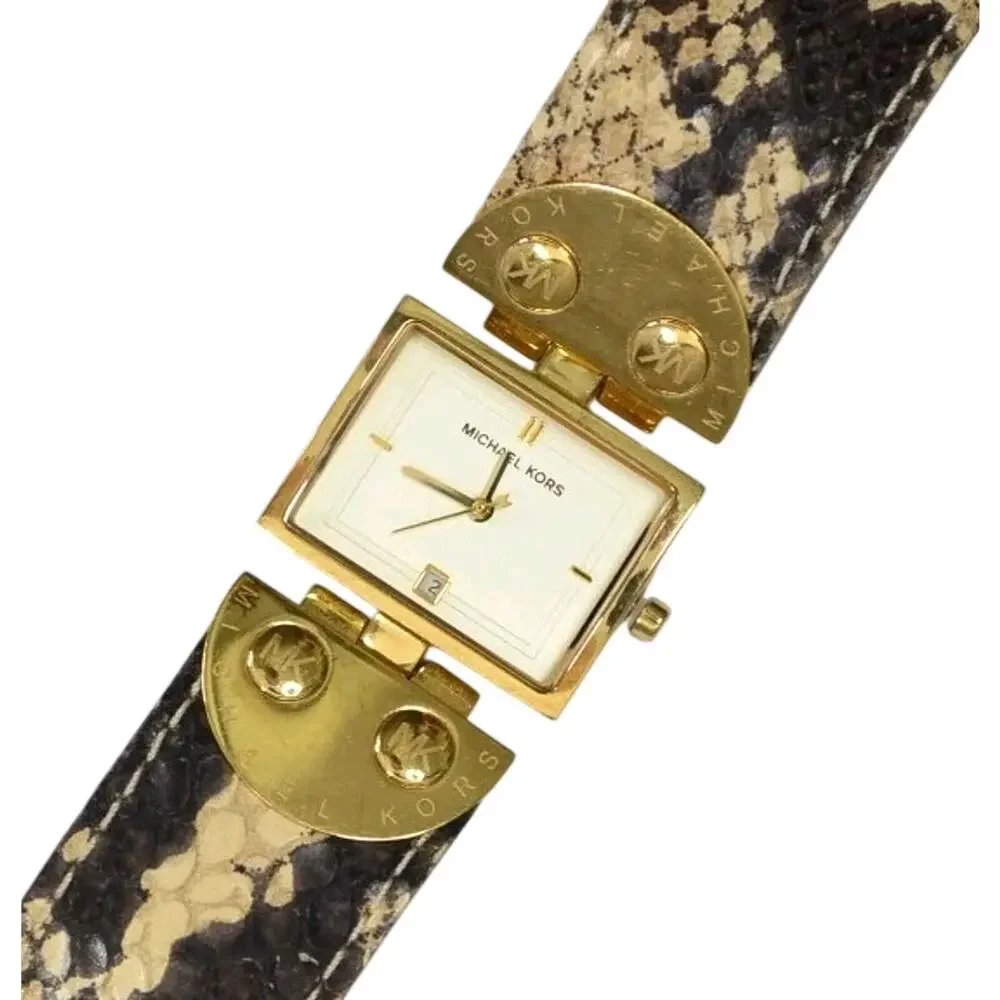 Michael Kors MK2114 Gold Square Watch Brown Python Snake Leather Band Date Dial